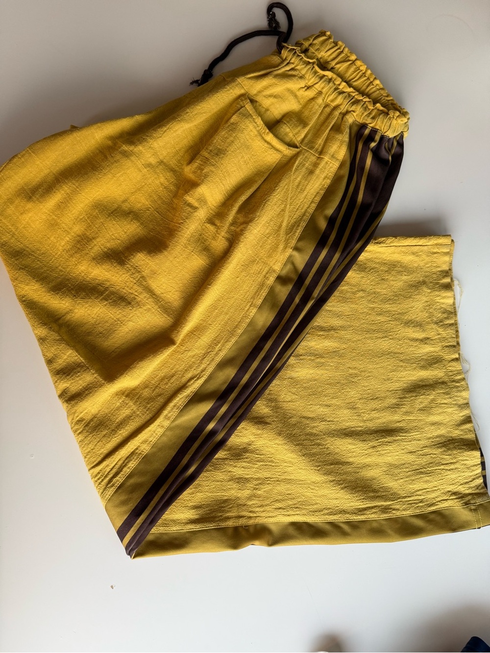 Mustard Yellow Wide Leg Drawstring Pants XL Striped Linen Look